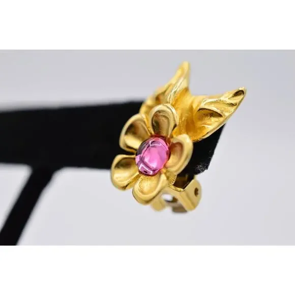 Givenchy Vintage Cabochon Flower Clip On Earrings Pink Brushed Gold Signed BinX